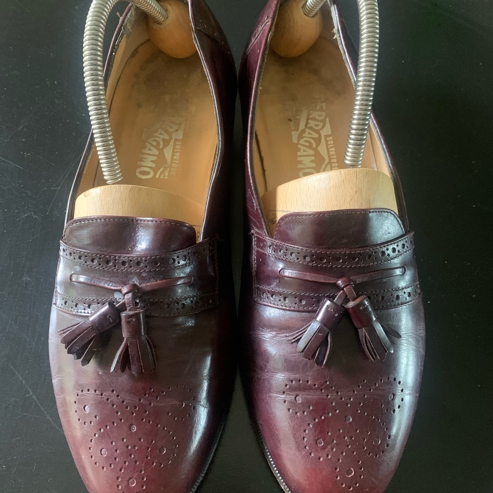 Salvatore Ferragamo Burgundy Tassel Wingtip Loafers Men's 10 2E Italy Vintage